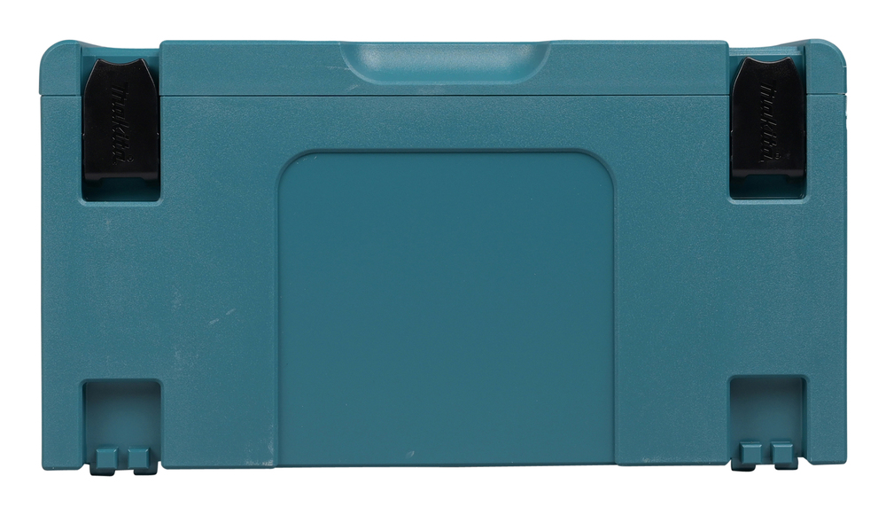 Pildil on sinine Makita MAKPAC tööriistakohver, millel on kaks musta kinnitust ja sisemine süvend.