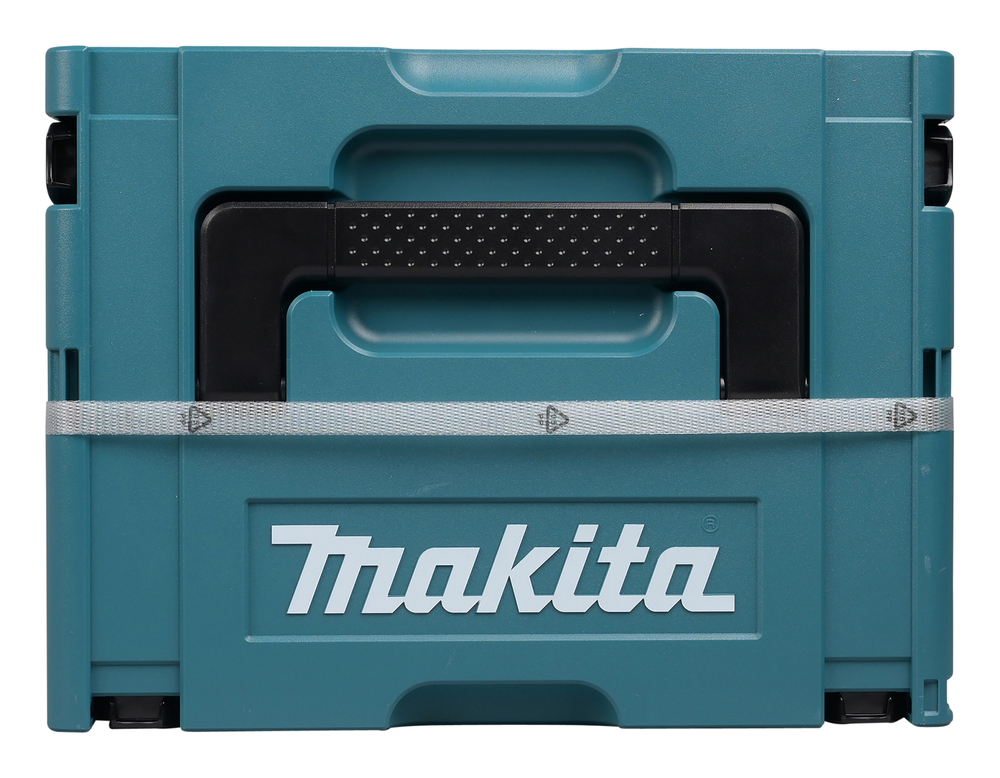 Pildil on Makita tööriistakohver, millel on must käepide, hall rihm ja Makita logo.