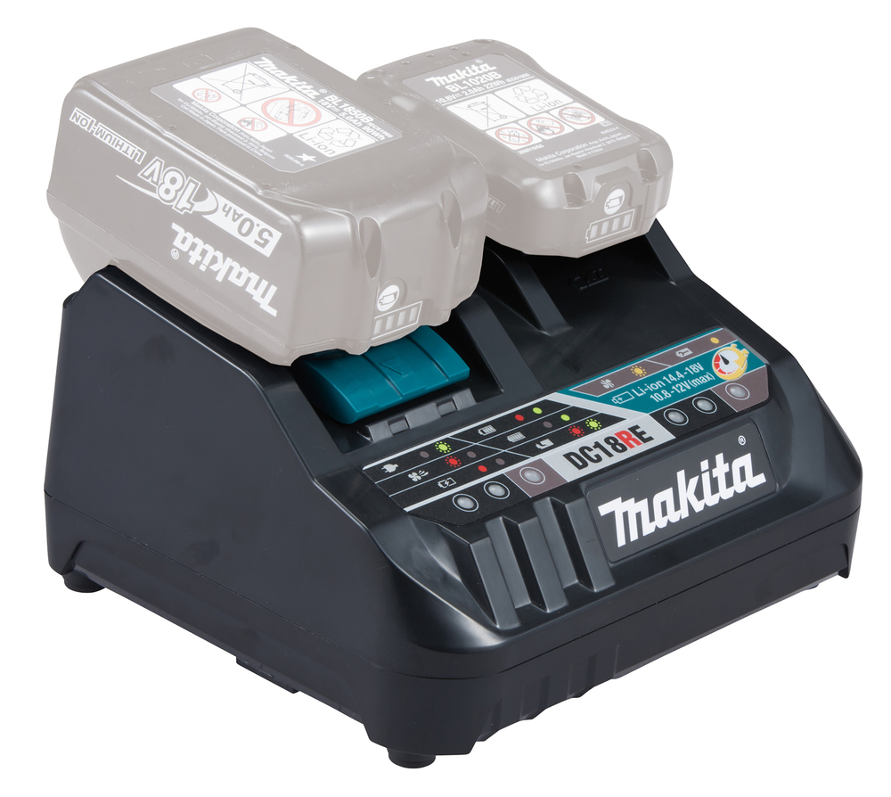 Pildil on Makita akulaadija DC18RE, mille sees on kaks Makita akut.
