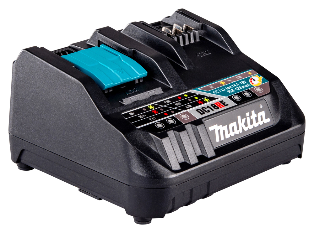 Pildil on Makita akulaadija DC18RE, millel on erinevad indikaatorid, mis näitavad laadimise olekut ja teisi funktsioone.