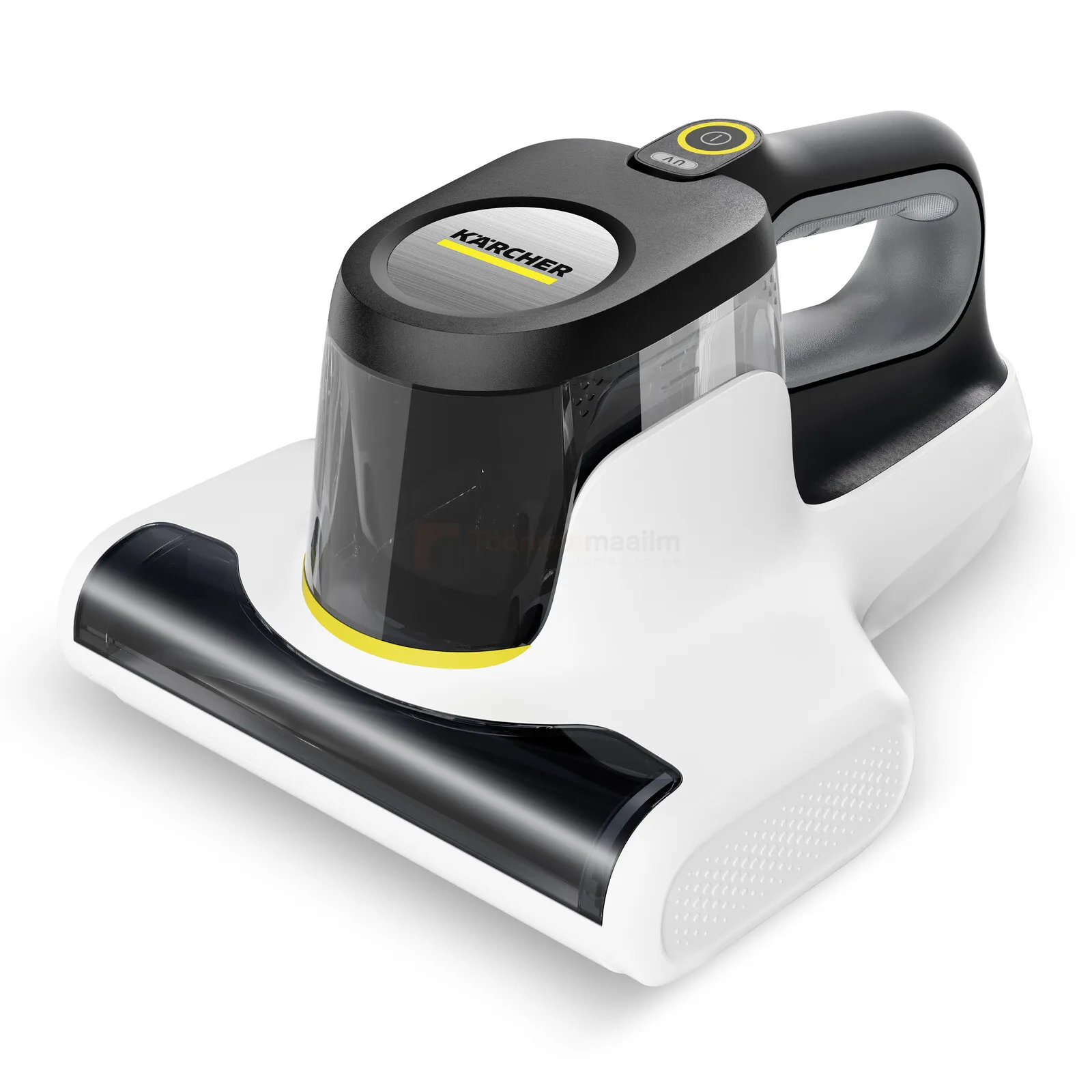 Pildil on näha Kärcher madratsi tolmuimeja VCH 4 UVClean, mis on valge ja musta värvi, kompakse ja käepärase disainiga.