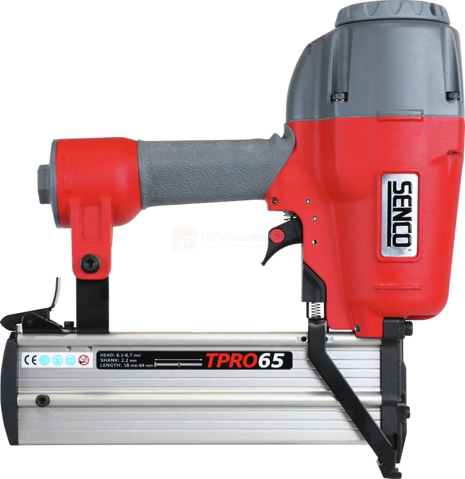 Pildil on punane ja hall SENCO TPRO65 naelapüstol, mis on mõeldud naelte löömiseks.