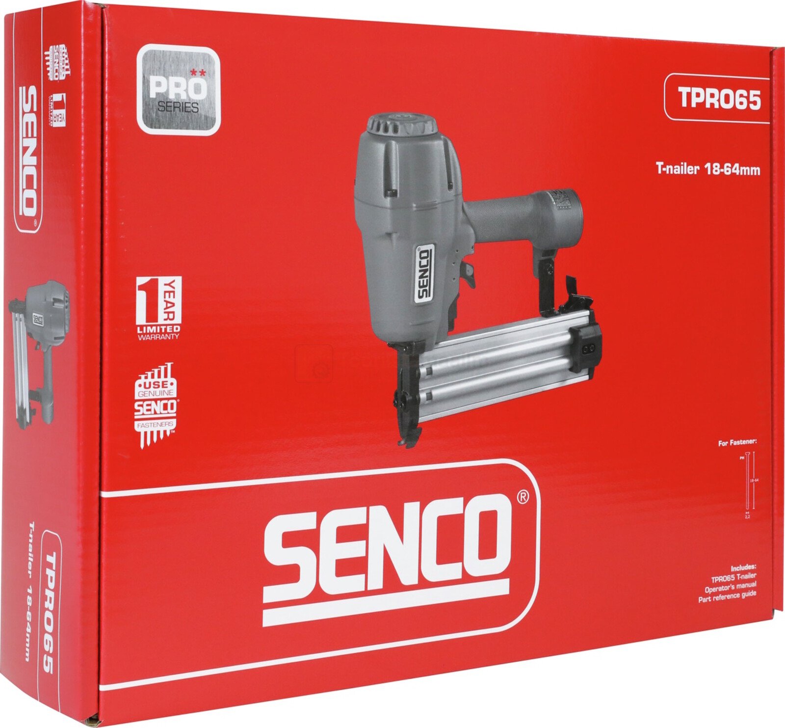 Pildil on punases karbis SENCO naelapüstol TPRO65, millel on näha nii karbi peal olevat naelapüstoli pilti kui ka karbi...