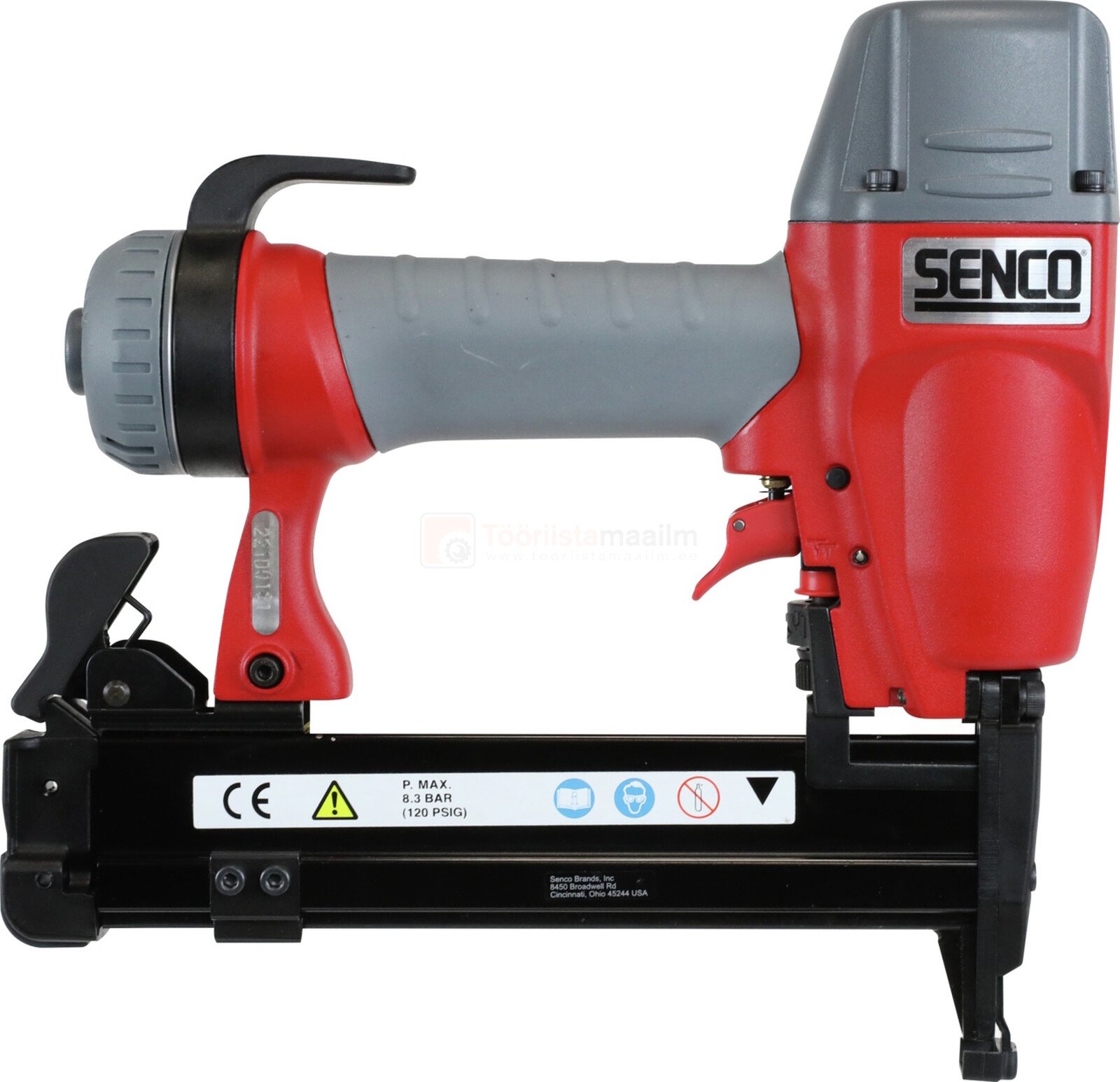 Pildil on punane ja hall SENCO klambripüstol SLS18MG-M, millel on näha käepide, päästik ja klambrite sisestamise mehhanism.