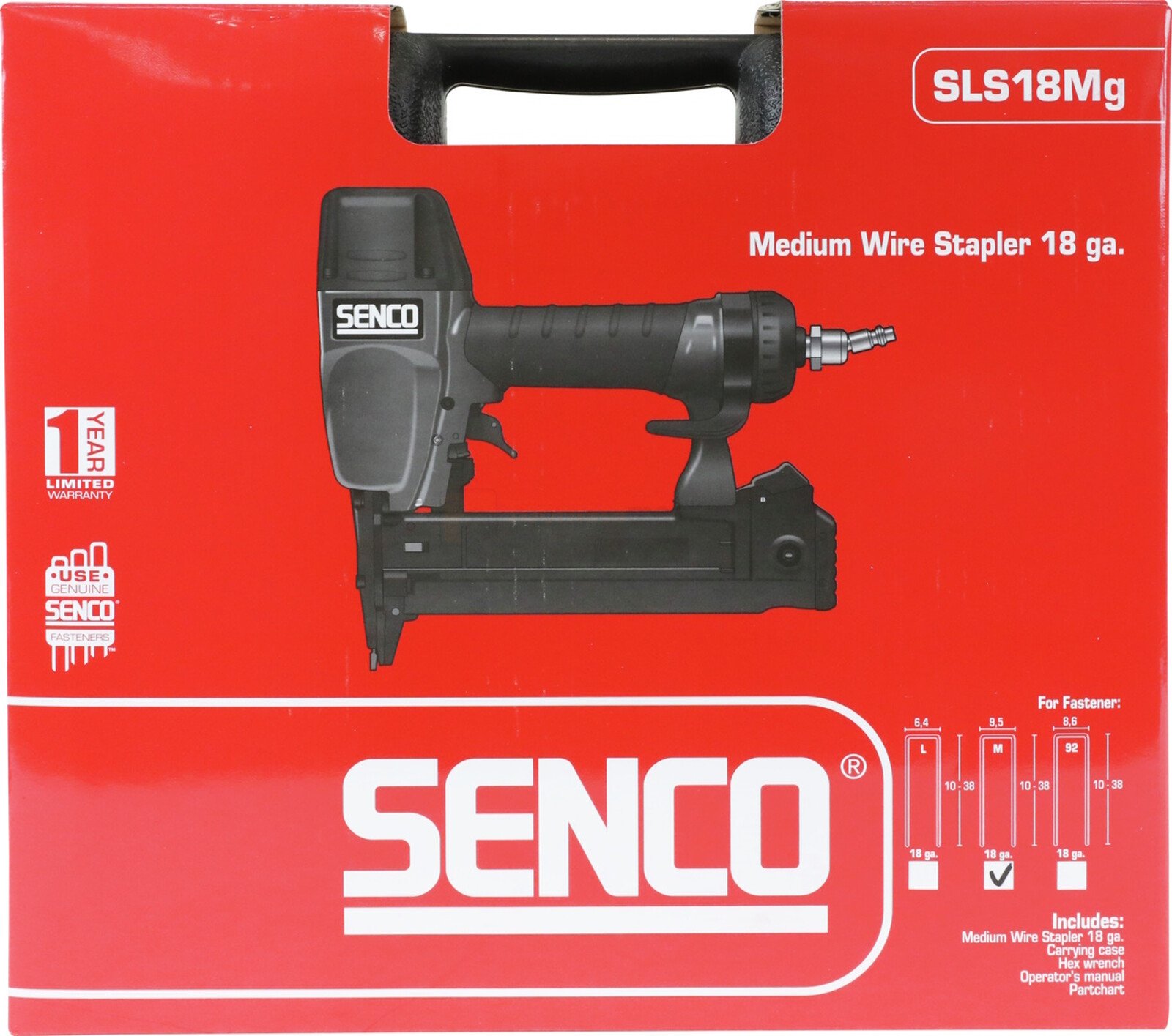 Pildil on punasel taustal SENCO klambripüstoli SLS18MG-M karp, millel on näha musta värvi klambripüstol.