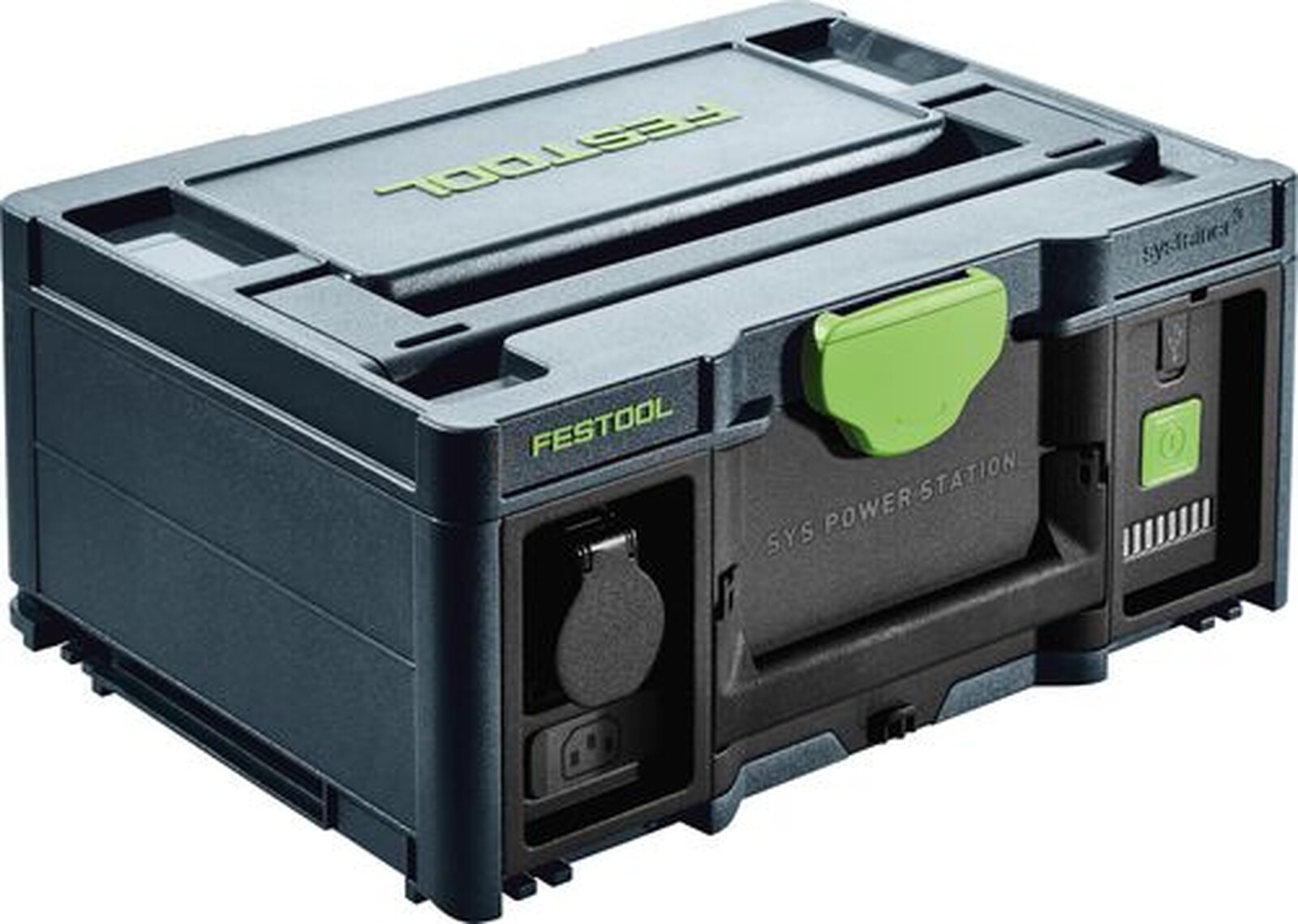 Pildil on Festool mobiilne akupank SYS-PowerStation SYS-PST 1500 Li HP, millel on pistikupesa, juhtpaneel ja roheline...