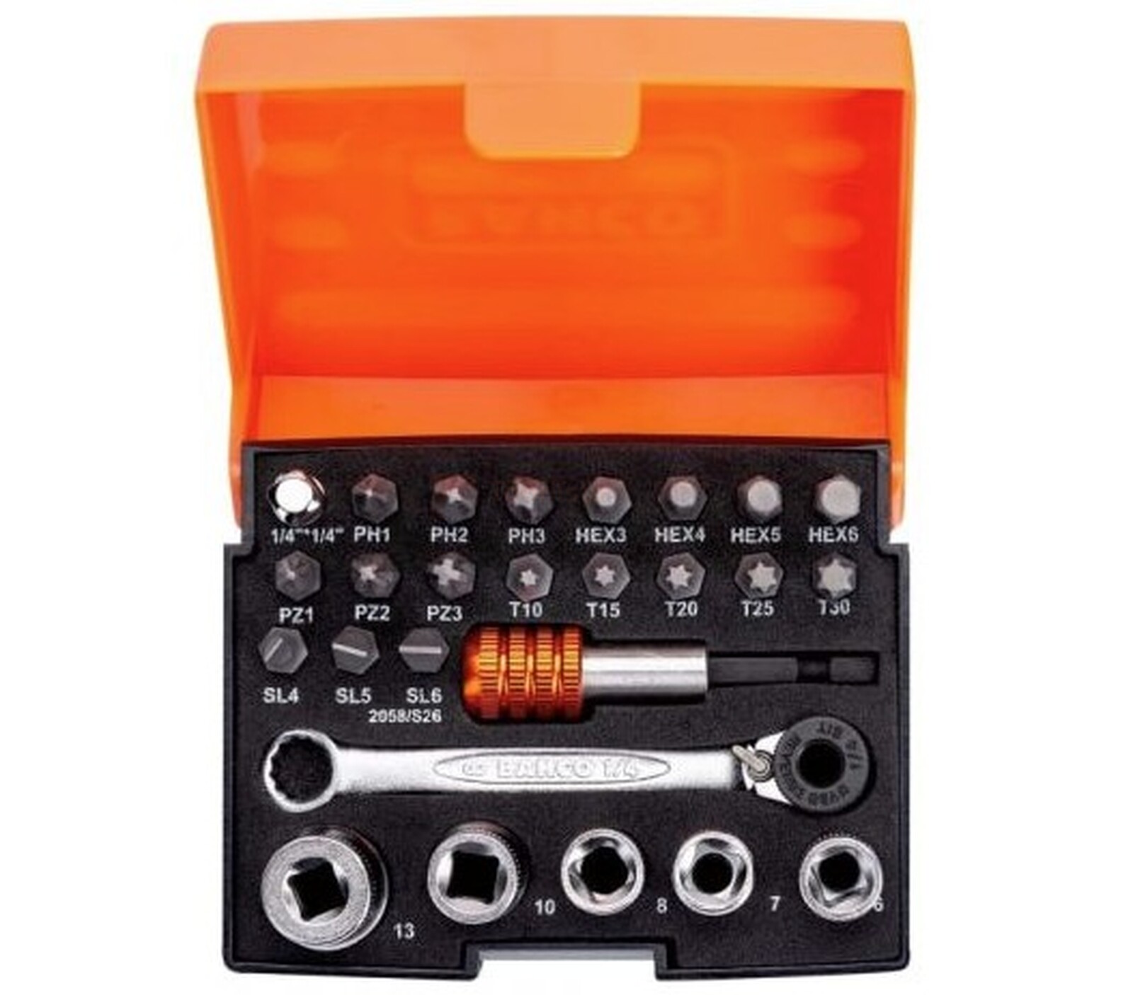 Pildil on avatud Bahco 26-osaline otsakute ja padrunite komplekt, mis sisaldab erinevaid otsakuid, padrunvõtmeid ja käepidet.