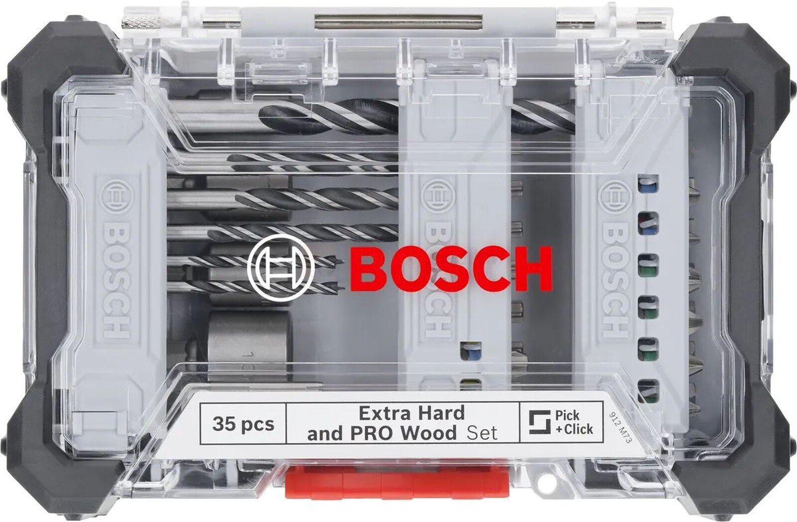 Pildil on Bosch 35-osaline Extra Hard and PRO Wood puidupuuride ja otsakute komplekt, mis on paigutatud läbipaistvasse karpi.