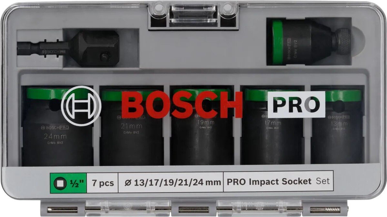 Pildil on Bosch PRO Impact löökpadrunite ja adapterite komplekt, mis sisaldab erineva suurusega padrunid ja adapterid.