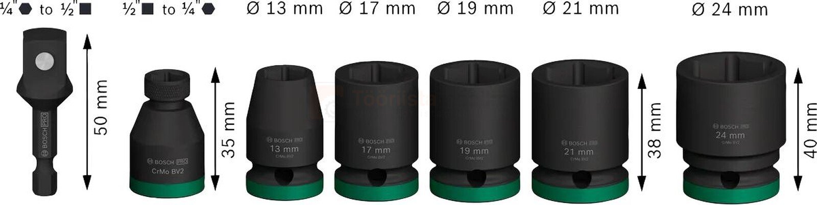 Pildil on Bosch löökpadrunite ja adapterite komplekt PRO Impact 1/2" 13-24 mm, 6-osaline, mis sisaldab erineva suurusega...