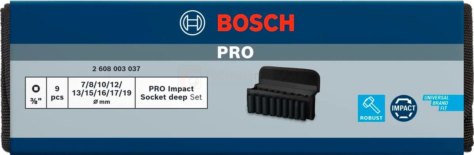 Pildil on Bosch PRO Impact pikkade löökpadrunite komplekt, mis sisaldab 9 padrunit suurusega 7-19 mm.