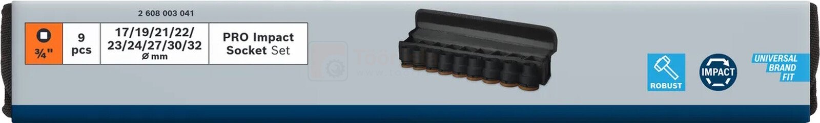 Pildil on Bosch Pro Impact löökpadrunite komplekti karp, mis sisaldab 9 padrunit suurustes 17-32 mm.