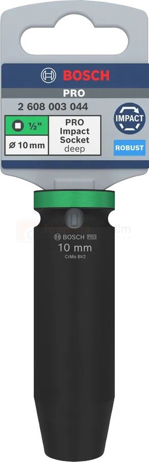 Pildil on Bosch löökpadrun PRO Impact 1/2", pikk, mis on pakendatud ja millel on näha toote spetsifikatsioonid.