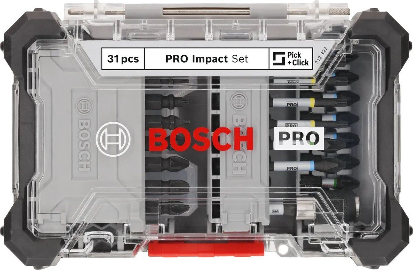 Pildil on Bosch PRO Impact 31-osaline otsakute komplekt, mis on pakitud läbipaistvasse karpi.