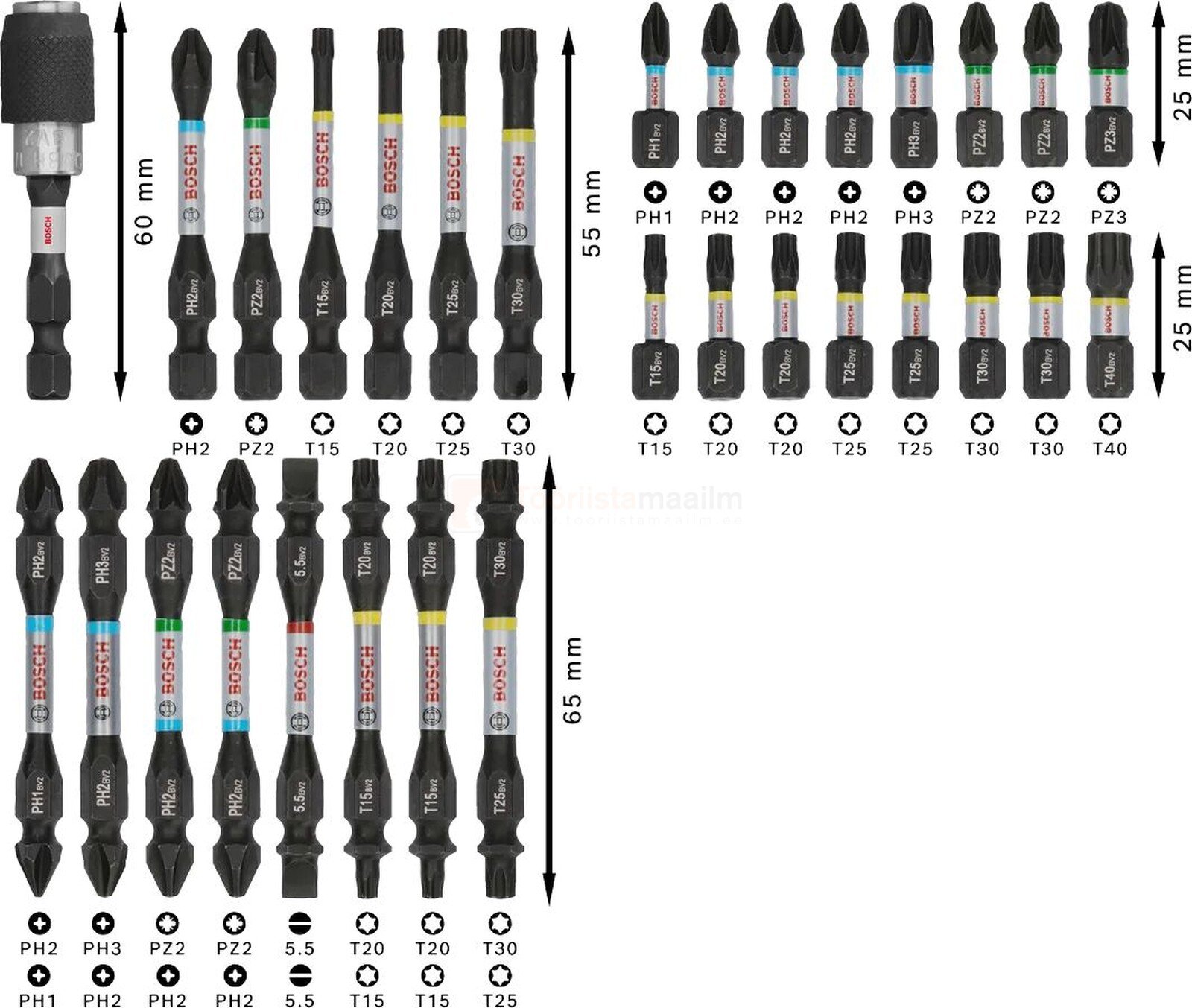Pildil on Bosch PRO Impact 31-osaline otsakute komplekt, mis sisaldab erinevaid otsakuid, adapterit ja mõõtmeid.