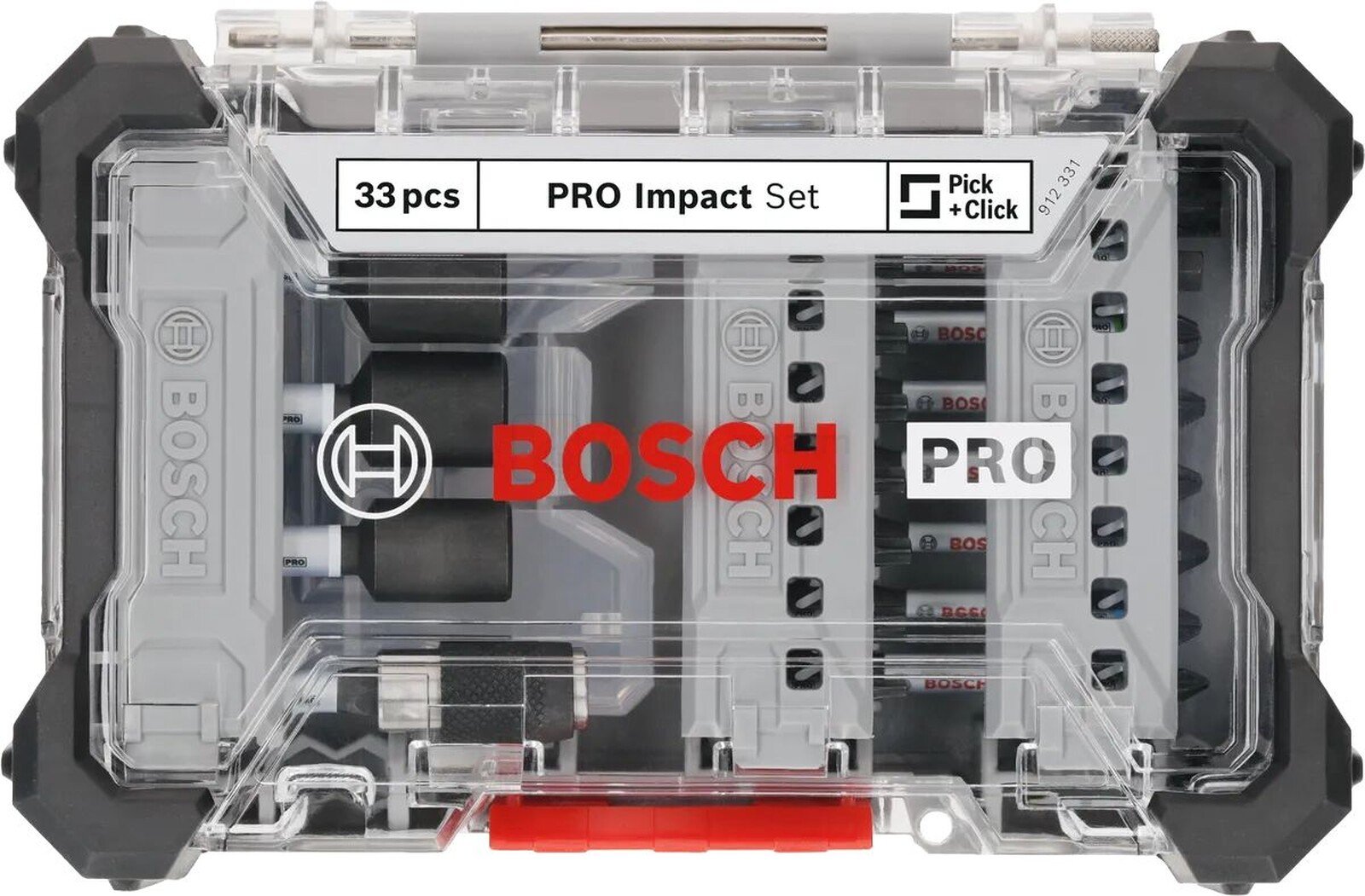 Pildil on Bosch PRO Impact 33-osaline otsakute komplekt, mis on paigutatud läbipaistvasse karpi.