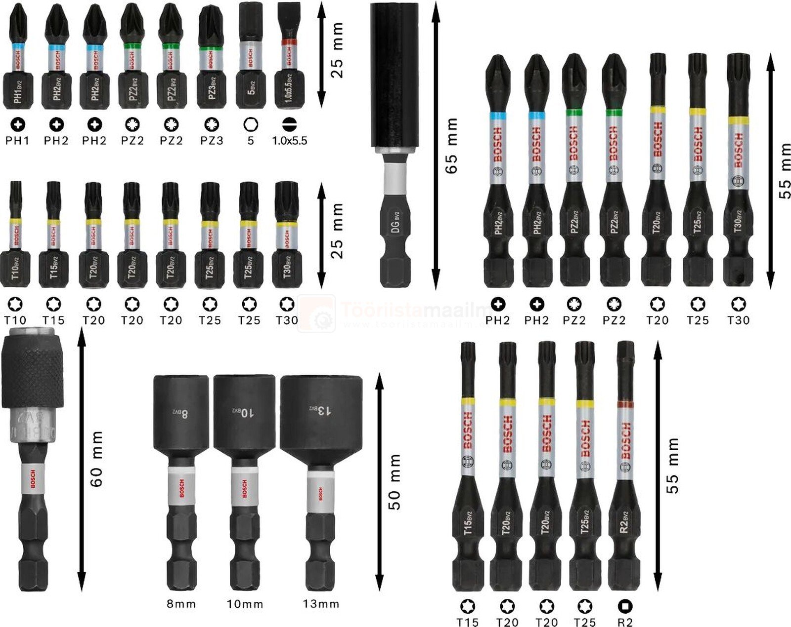 Pildil on Bosch PRO Impact 33-osaline otsakute komplekt, mis sisaldab erinevaid kruvikeeraja otsakuid, pikendusi ja...