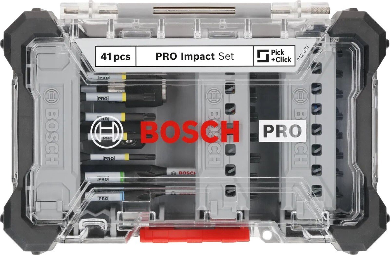 Pildil on Bosch PRO Impact 41-osaline otsakute komplekt, mis on paigutatud läbipaistvasse karpi.