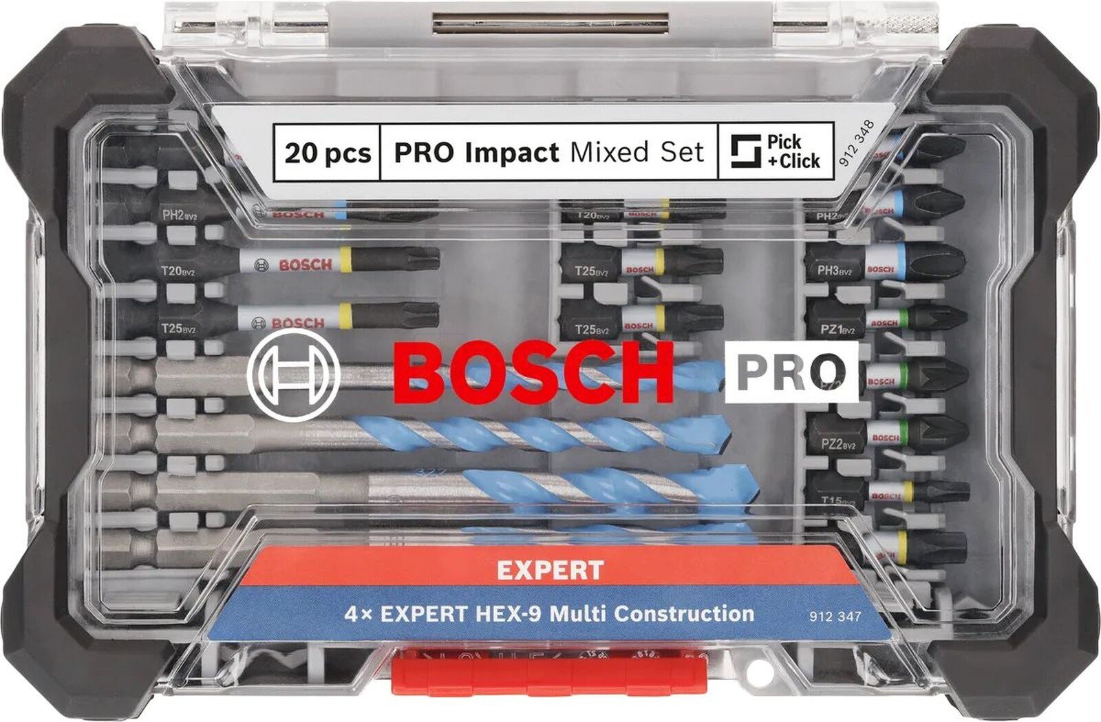Pildil on Bosch PRO Impact Mixed 20-osaline otsakute ja puuride komplekt, mis sisaldab erinevaid otsakuid ja puure.