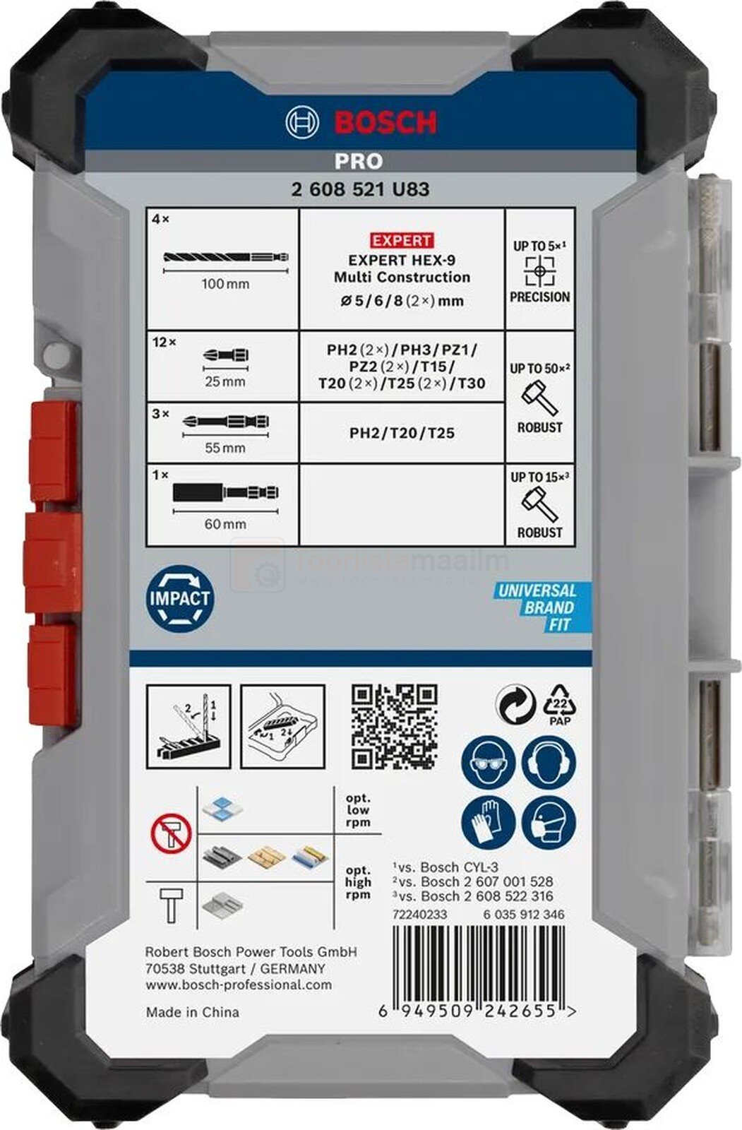 Pildil on Bosch PRO Impact Mixed 20-osaline otsakute ja puuride komplekt, mis on pakendatud läbipaistvasse karpi, millel...