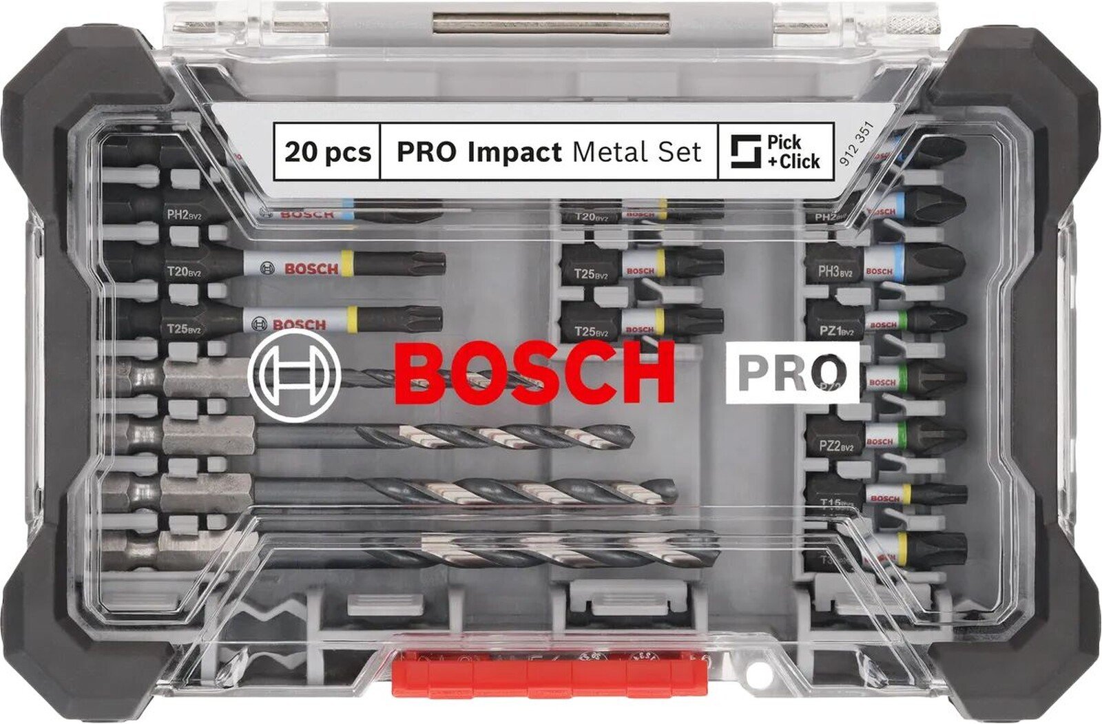 Pildil on Bosch PRO Impact Metal 20-osaline metallipuuride ja otsakute komplekt, mis on paigutatud läbipaistvasse karpi.