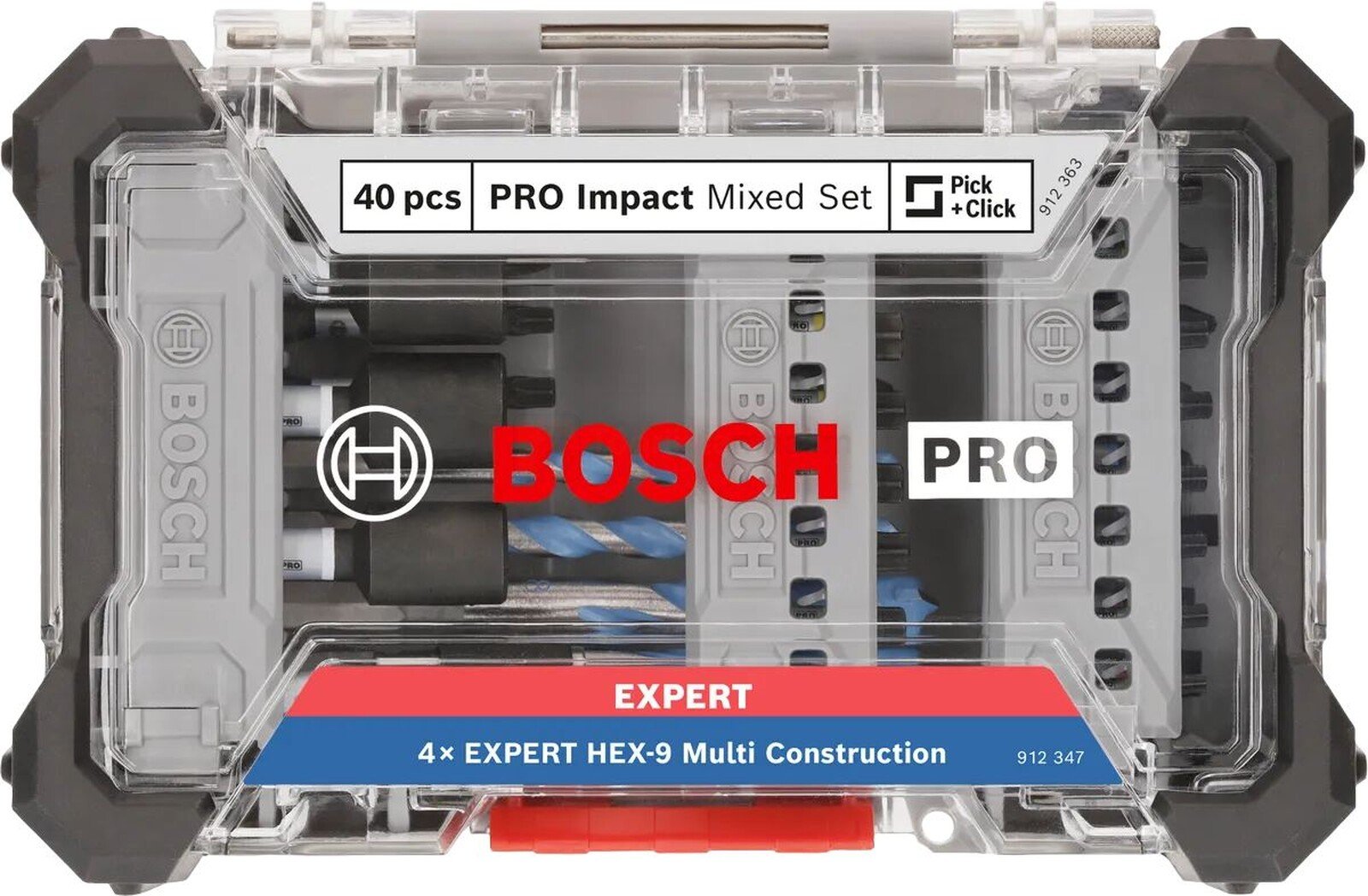 Pildil on Bosch otsakute ja puuride komplekt PRO Impact Mixed, 40-osaline, mis on pakitud läbipaistvasse karpi, kus on...