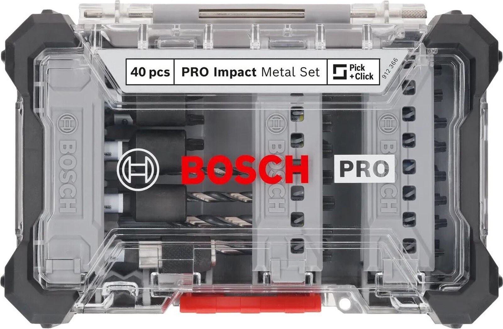 Pildil on Bosch PRO Impact Metal 40-osaline metallipuuride ja otsakute komplekt, mis on paigutatud läbipaistva kaanega karpi.