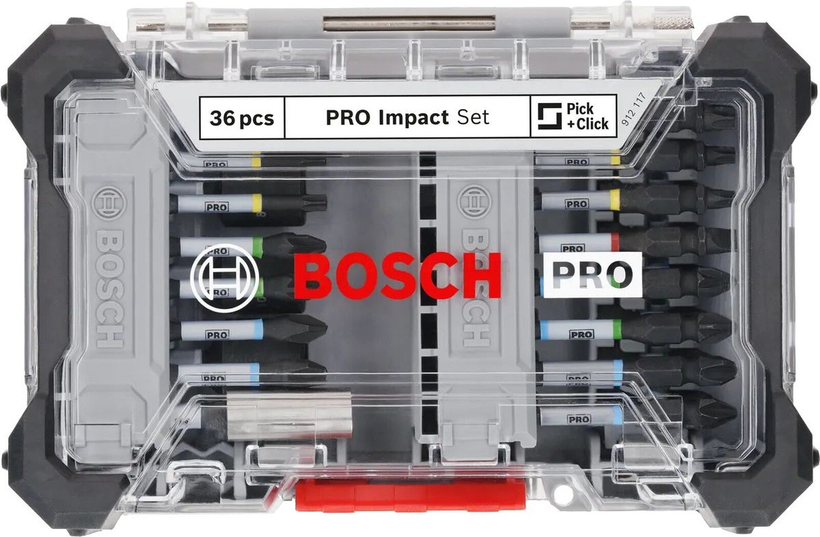Pildil on Bosch PRO Impact 36-osaline otsakute komplekt, mis on paigutatud läbipaistvasse karpi.