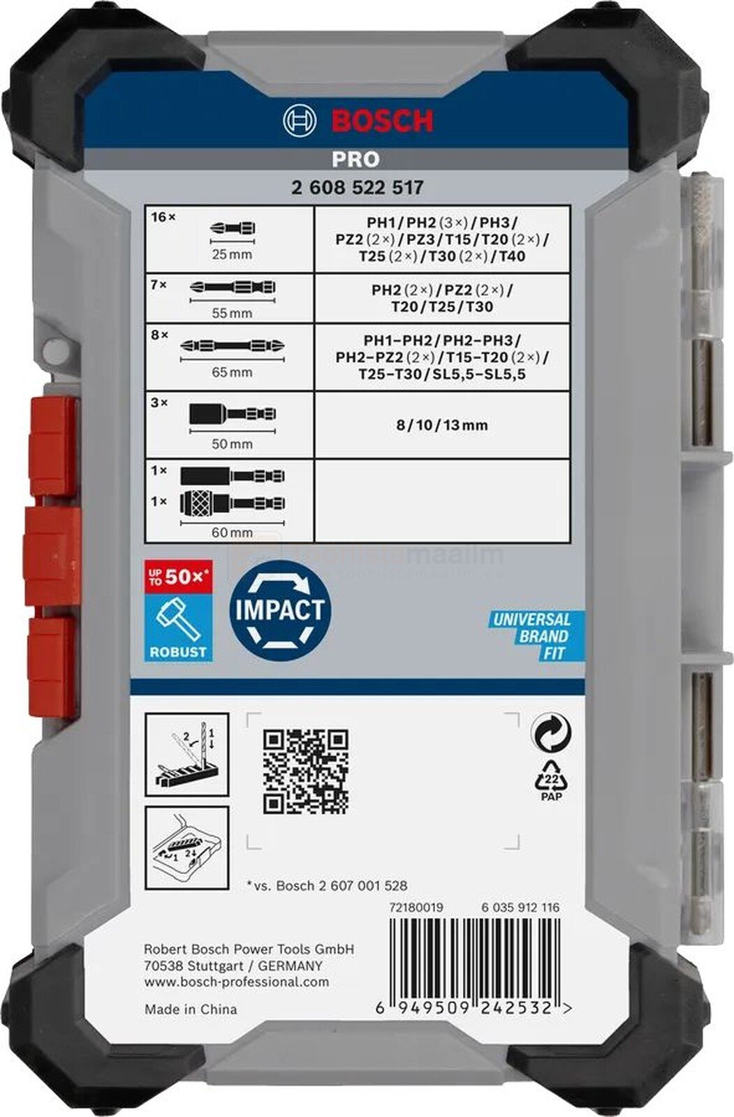 Pildil on Bosch PRO Impact 36-osaline otsakute komplekt, mis on pakitud karpi, millel on näha komplekti sisu ja...