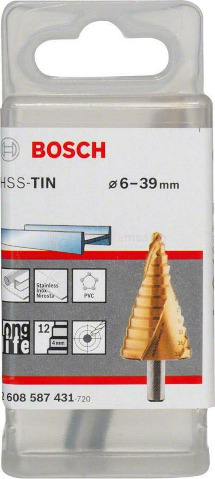 Pildil on Bosch astmeline puur HSS-TiN suurusega 6-39 mm, mis on pakendatud läbipaistvasse plastkarpi.