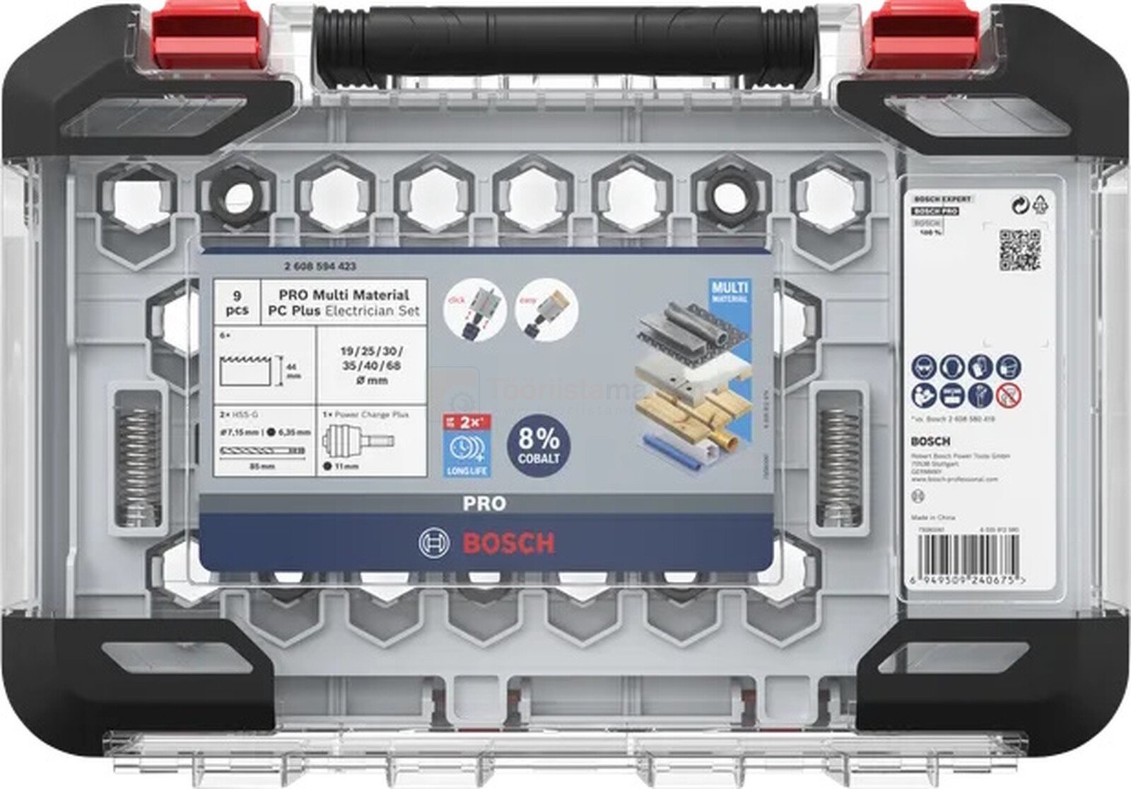 Pildil on Bosch PRO Multi Material PC Plus 19-68 mm augusaagide komplekt, mis sisaldab erinevaid tööriistu ja on pakitud...