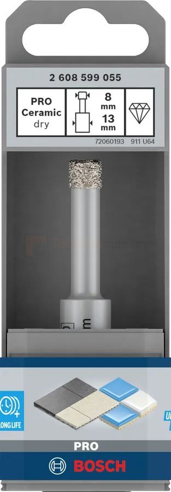 Pildil on Bosch PRO Ceramic dry teemantkuivpuur, mis on pakendis nähtav.