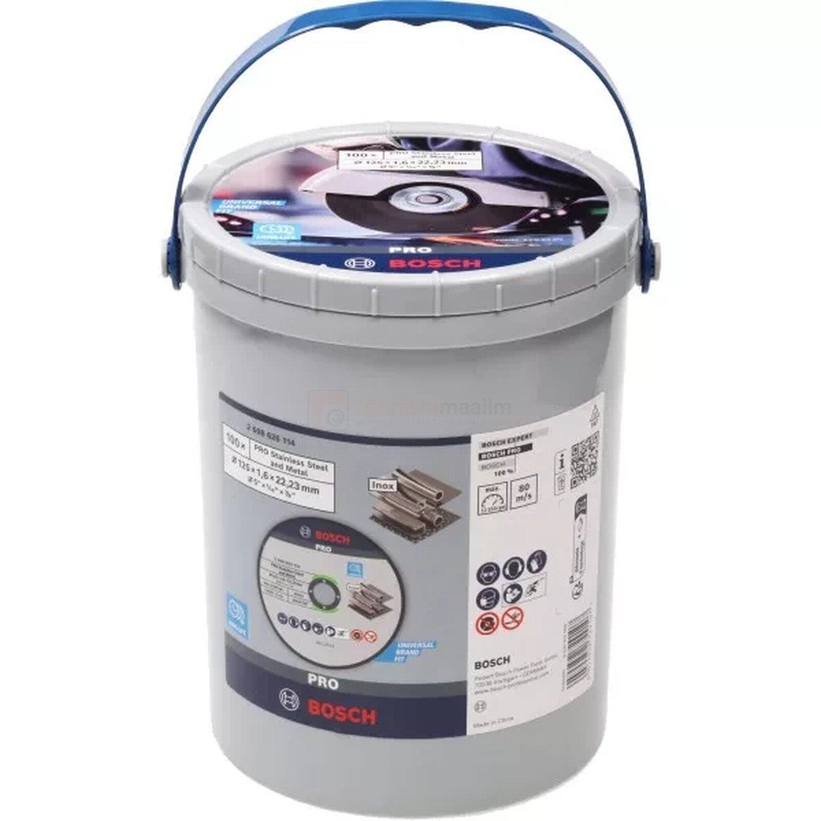 Pildil on halli ämbrisse pakitud Bosch PRO lõikeketaste komplekt roostevaba terasele ja terasele, mis sisaldab 100 tükki.