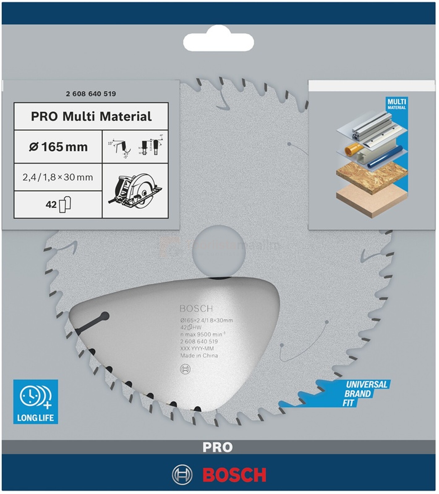 Pildil on Bosch saeketas Multi Material, millel on mõõdud 165 x 30 x 2,4 mm ja 42 hammast.