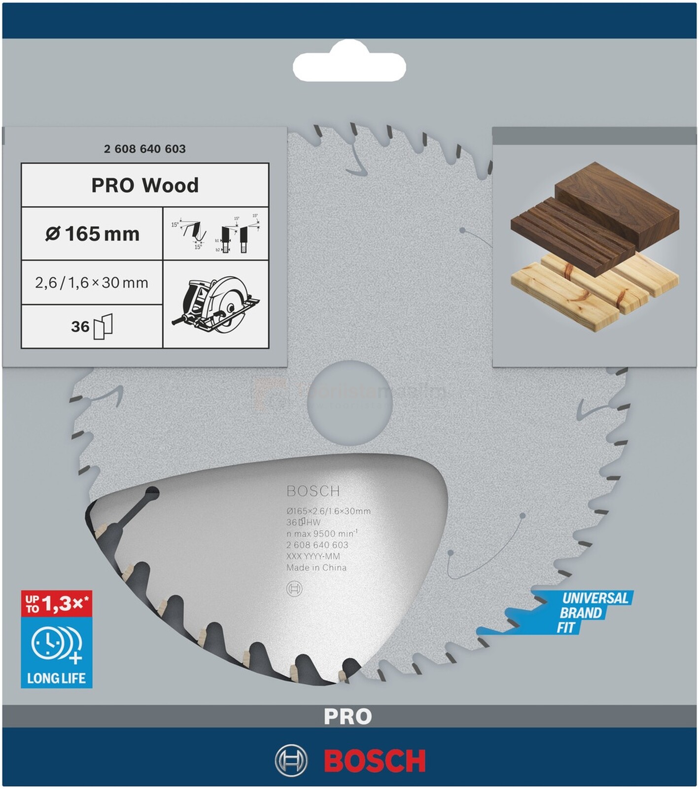 Pildil on Bosch Pro Wood saeketas, mille mõõdud on 165 x 30 x 2,6 mm ja 36 hambaga, mis on mõeldud puidu lõikamiseks.