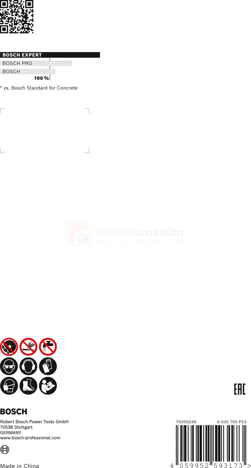 Pildil on valge taustaga Bosch EXPERT Concrete teemantlihvketta pakend, millel on toote nimi, tehnilised andmed ja...