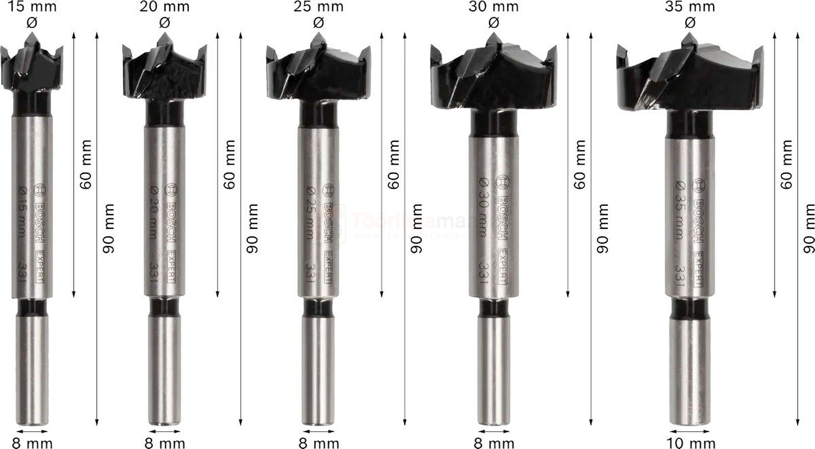 Pildil on Bosch oksapuuride komplekt EXPERT 15-35 mm, 5-osaline, mis koosneb erineva suurusega puuriteradest, millel on...