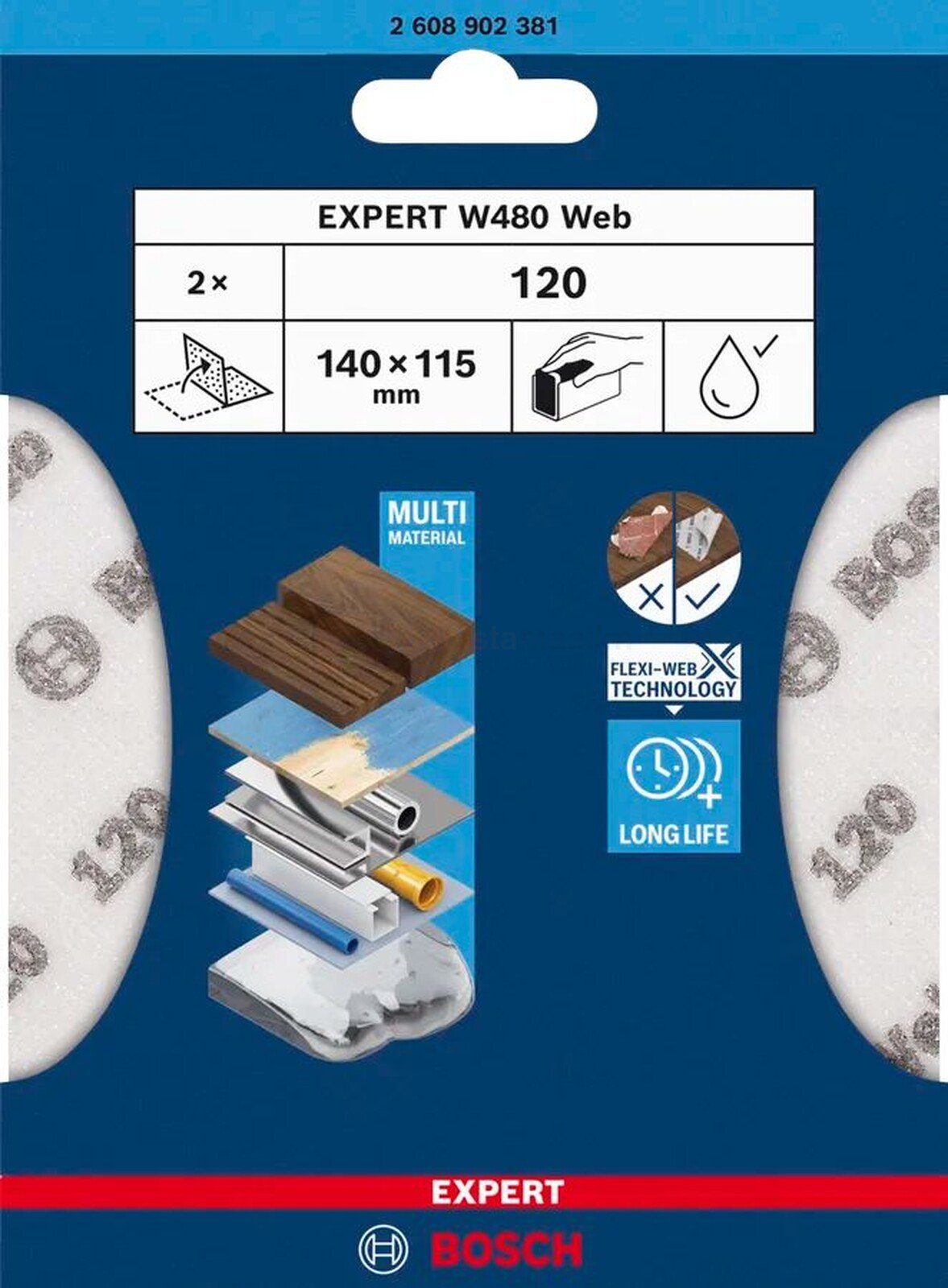Pildil on Bosch EXPERT W480 Web käsilihvimisvõrgu pakend, mis sisaldab kahte 120-se teralisusega lihvpaberit mõõtmetega...