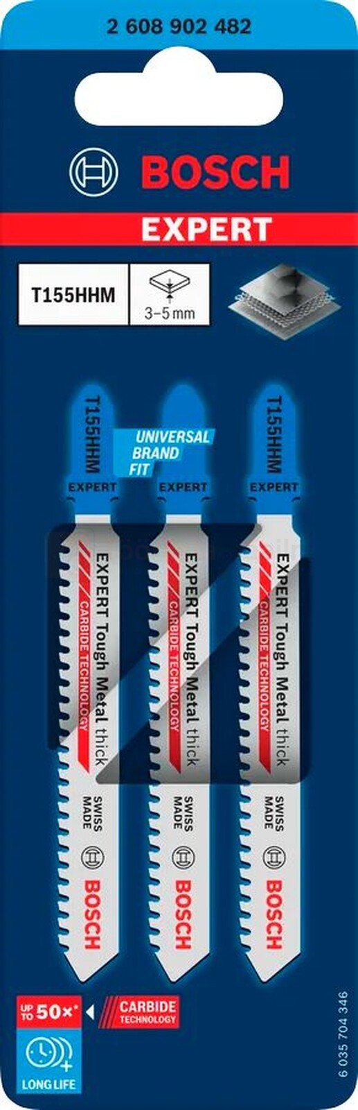Pildil on kolm Bosch tikksaetera EXPERT Tough Metal thick T155HHM saetera, mis on pakitud ühte pakendisse.