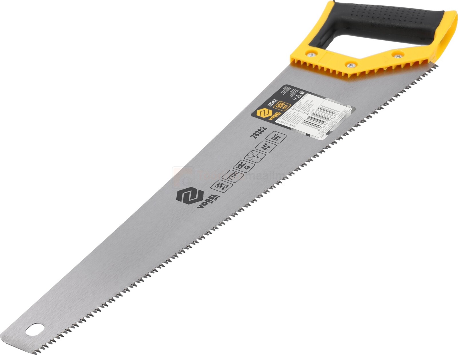 Pildil on Vorel käsisaag, millel on kollane käepide ja hõbedane saetera.