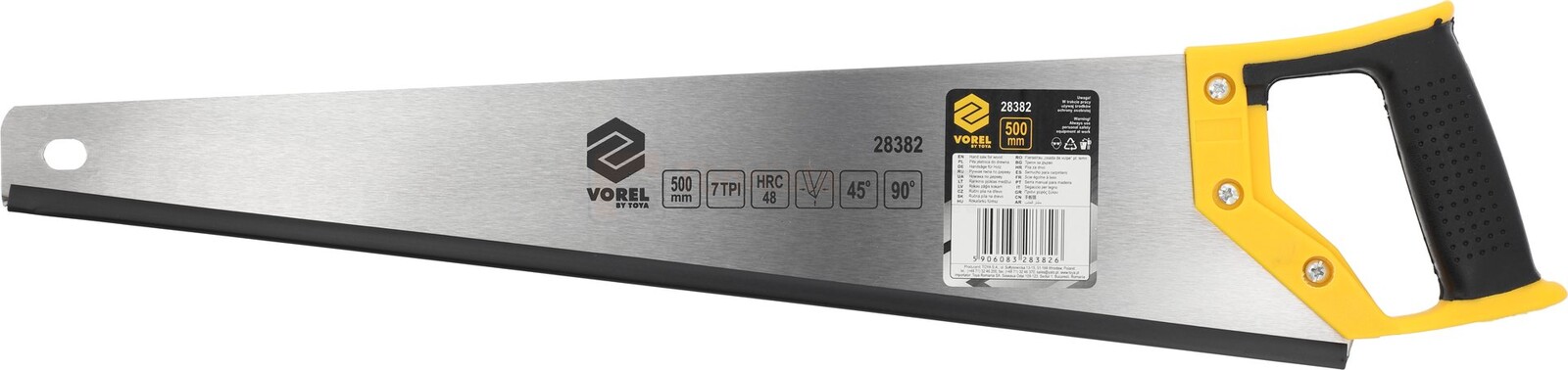 Pildil on Vorel käsisaag, millel on kollane käepide ja must käepide, ning saelehel on näha toote spetsifikatsioonid.