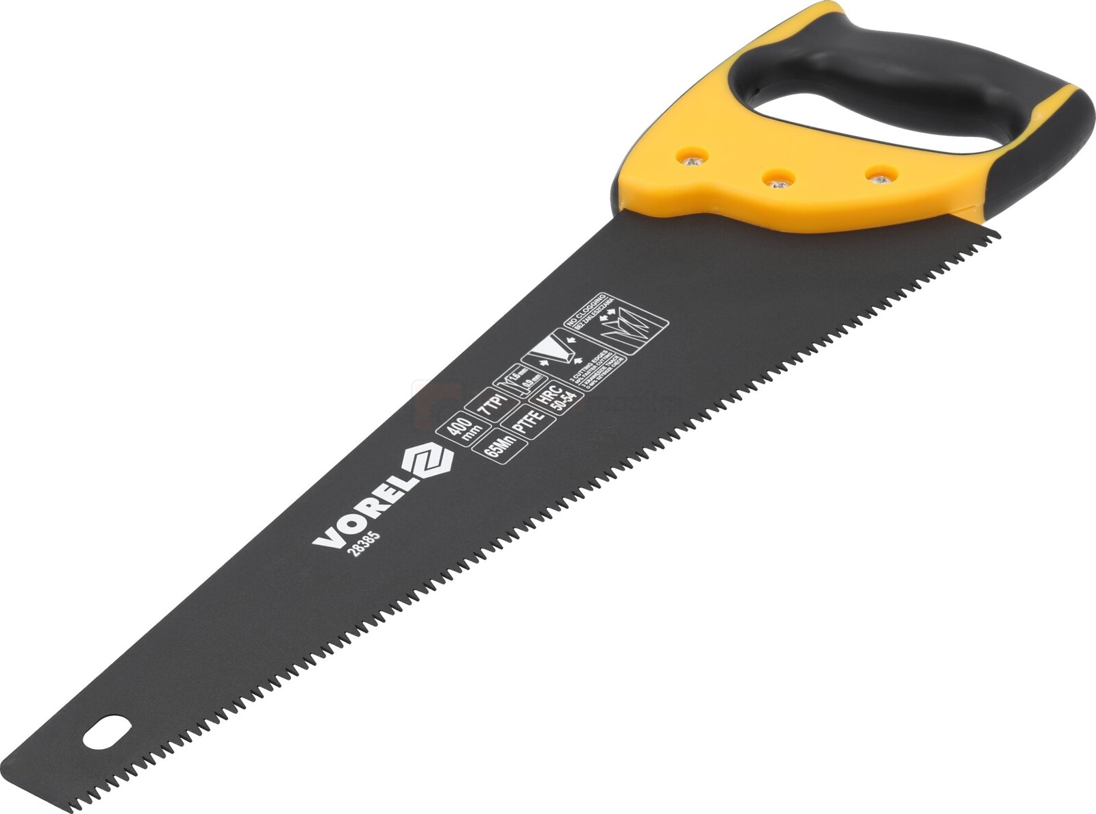 Pildil on musta teraga Vorel käsisaag, millel on kollane käepide.