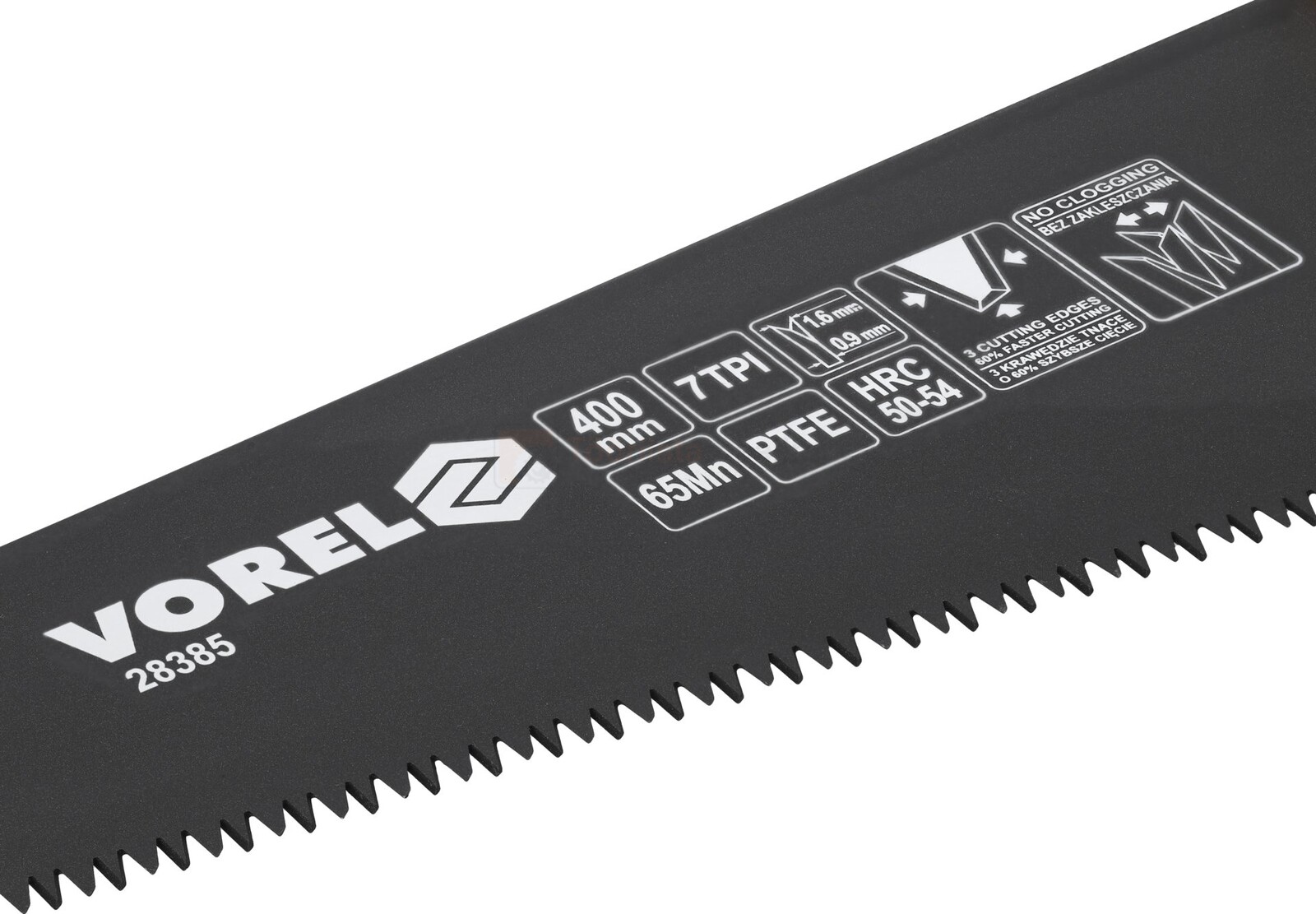 Pildil on Vorel käsisaag, millel on näha saeleht ja sellele trükitud tehnilised andmed.