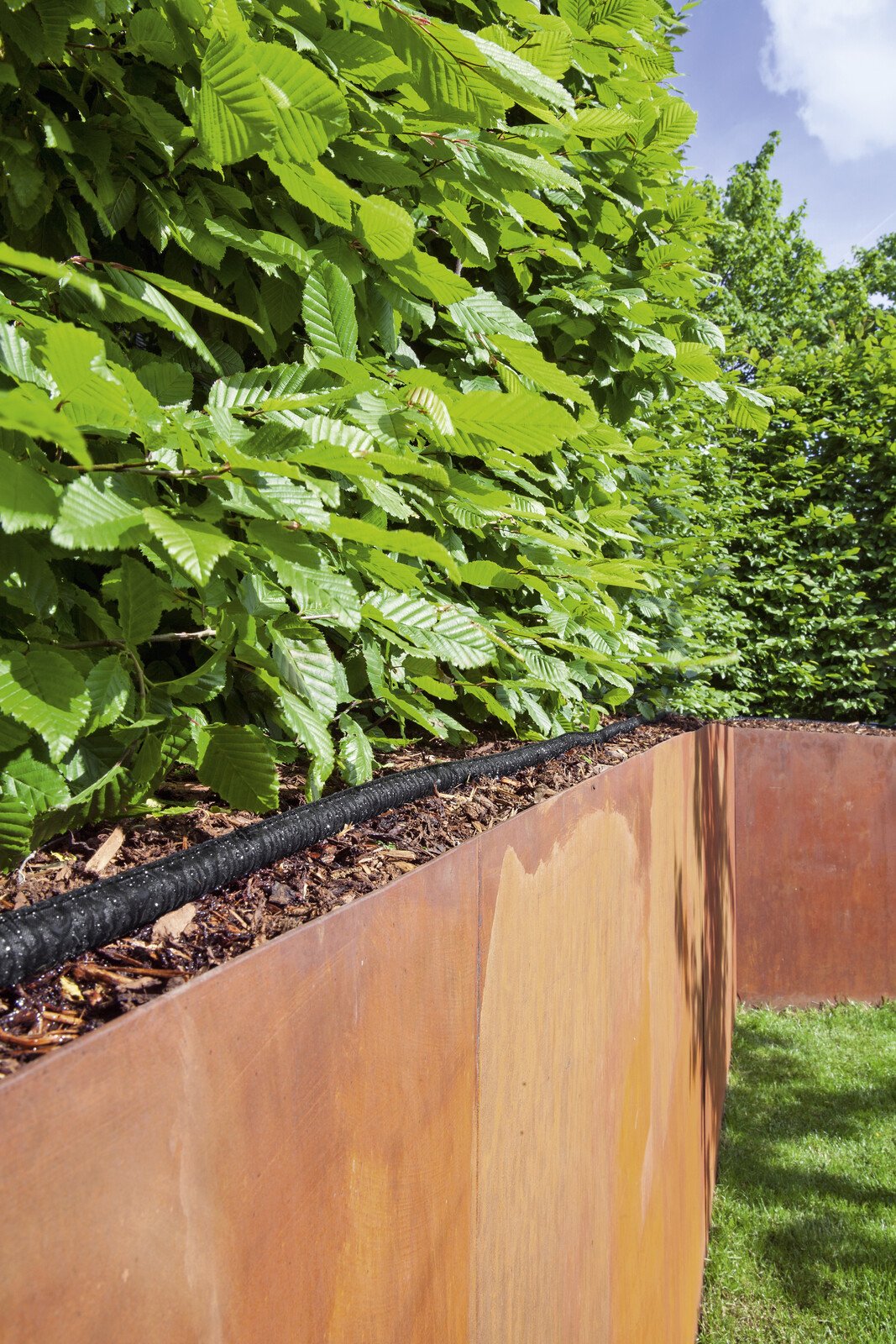 Pildil on näha Kärcher niisutusvooliku komplekt 1/2" 20 m, mis on paigaldatud puitääristusega peenrasse, kus kasvavad...