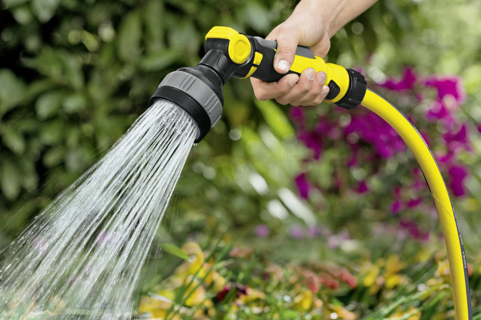 Pildil on näha Kärcheri voolik PrimoFlex® 1/2" koos kastmistarvikutega, millega inimene aeda kastab.