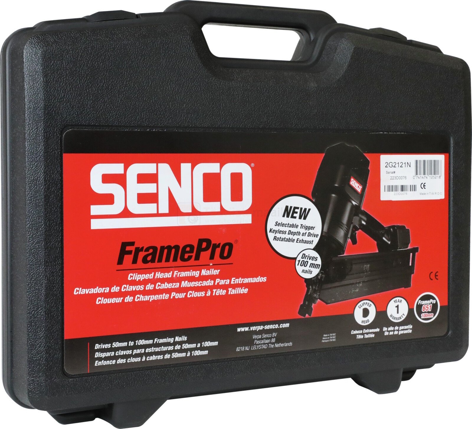 Pildil on mustas kohvris SENCO FramePro651 naelapüstol, millel on punane silt ja toote kirjeldus.