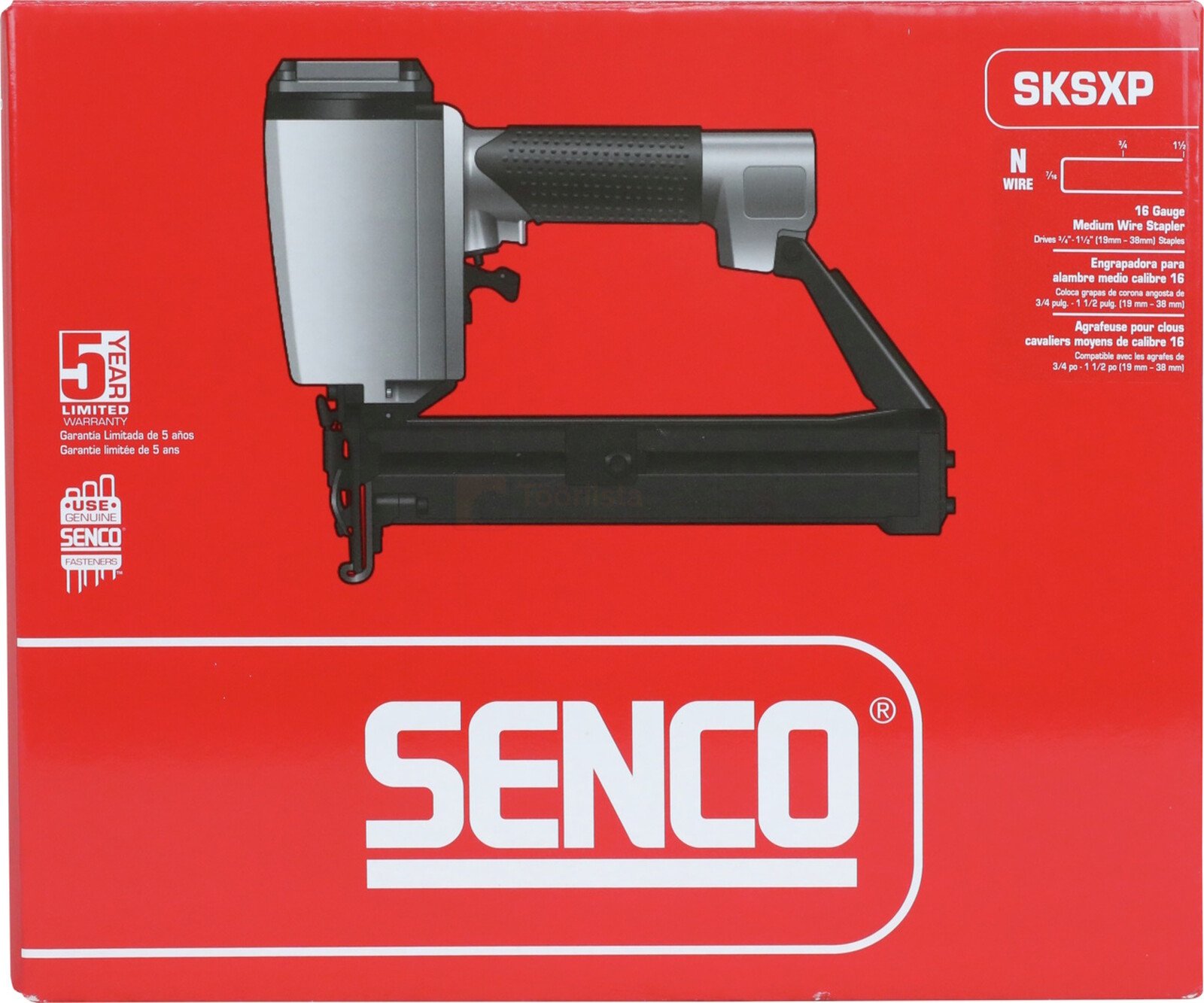 Pildil on punasel taustal SENCO klambripüstoli SKSXP-N karp, millel on kujutatud tööriista ennast.