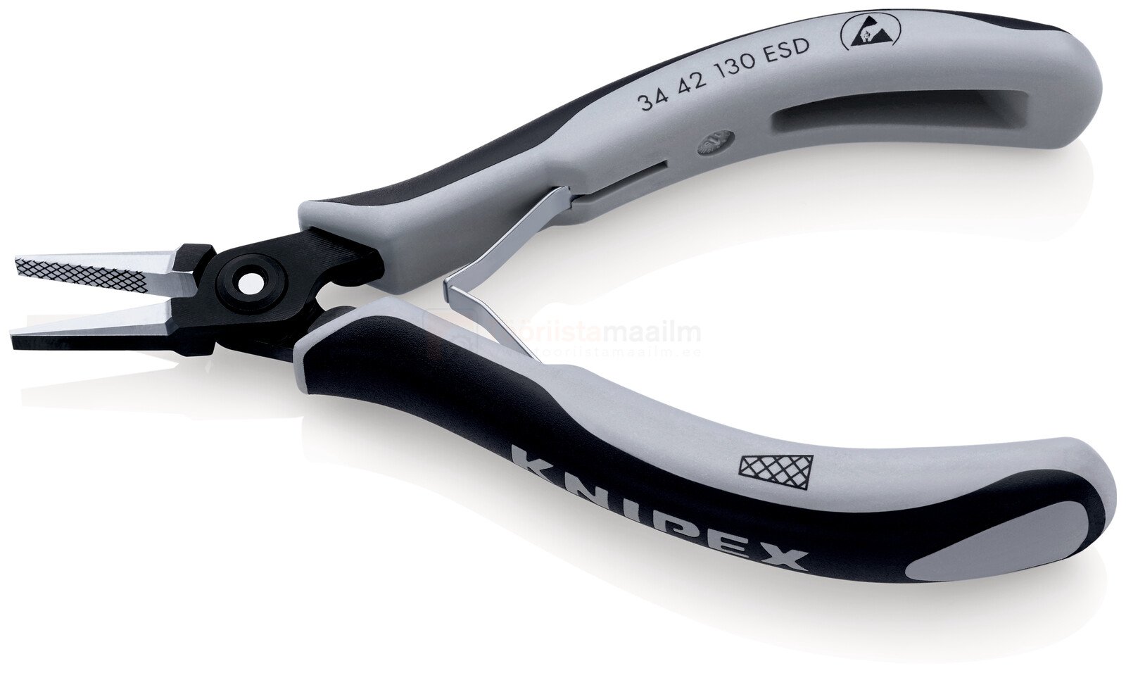 Pildil on näha Knipex elektrooniku koonusmokktangid 130 mm, ESD, millel on mustad ja hallid käepidemed ning peenikesed otsad.