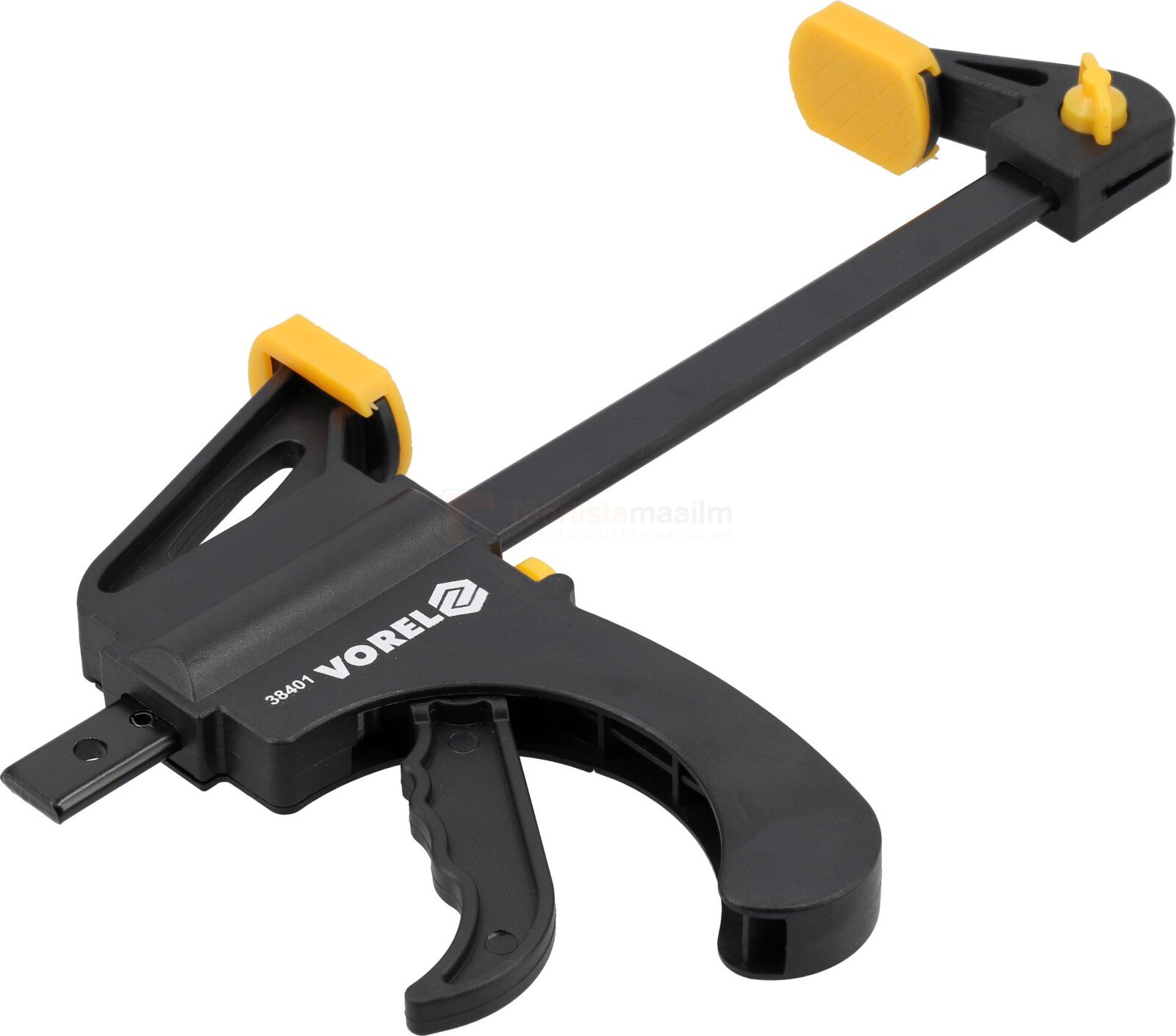 Pildil on musta värvi Vorel pitskruvi, millel on kollased detailid ja mis on mõeldud esemete kokkusurumiseks.