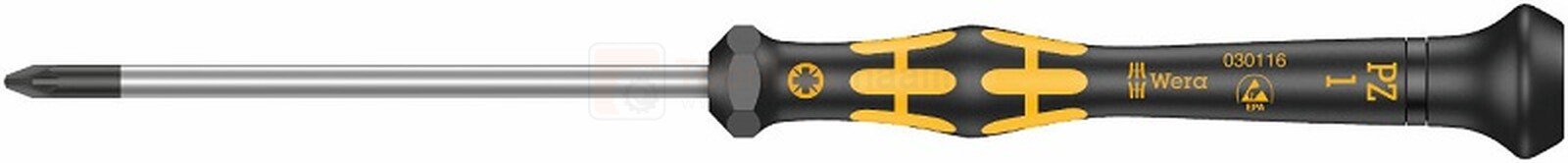 Pildil on Wera kruvikeeraja 1555 ESD PZ 1x80, millel on must käepide kollaste detailidega ja ristpeaga ots.